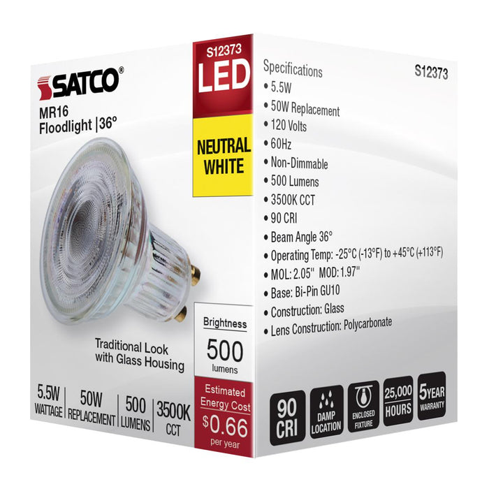 SATCO/NUVO 5.5W MR16 LED Floodlight 3500K GU10 Base 90 CRI 500Lm 120V (S12373)