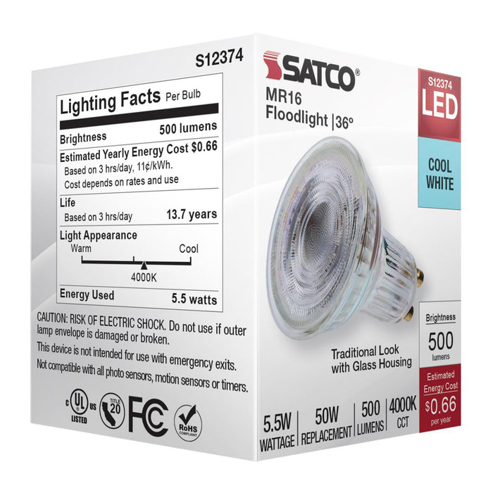 SATCO/NUVO 5.5W MR16 LED Floodlight 4000K GU10 Base 90 CRI 500Lm 120V (S12374)