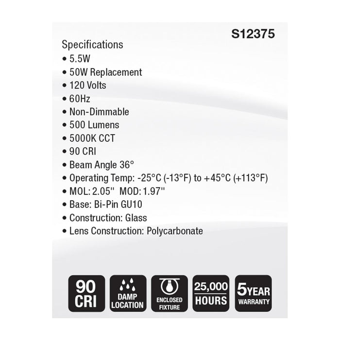 SATCO/NUVO 5.5W MR16 LED Floodlight 5000K GU10 Base 90 CRI 500Lm 120V (S12375)
