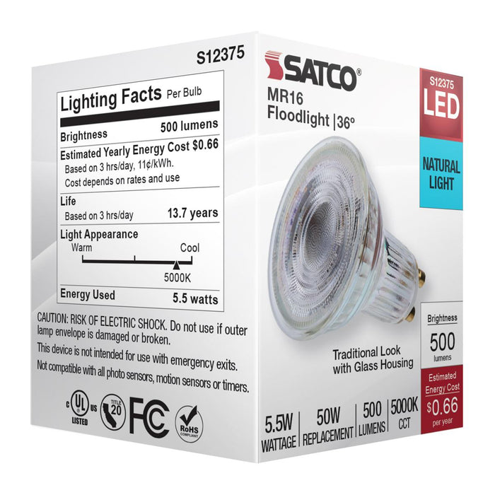 SATCO/NUVO 5.5W MR16 LED Floodlight 5000K GU10 Base 90 CRI 500Lm 120V (S12375)
