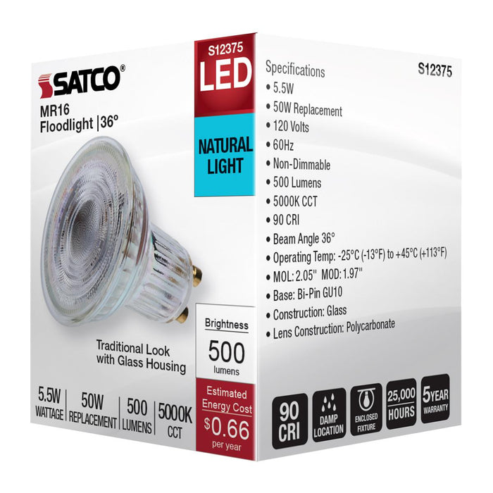 SATCO/NUVO 5.5W MR16 LED Floodlight 5000K GU10 Base 90 CRI 500Lm 120V (S12375)