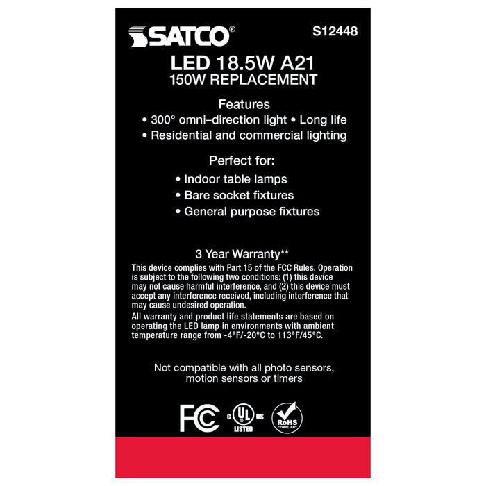 SATCO/NUVO 18.5W A21 LED Frost Finish Medium Base 4000K 120V (S12448)