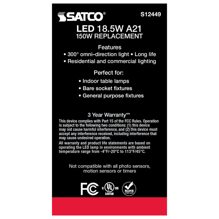SATCO/NUVO 18.5W A21 LED Frost Finish Medium Base 5000K 120V (S12449)