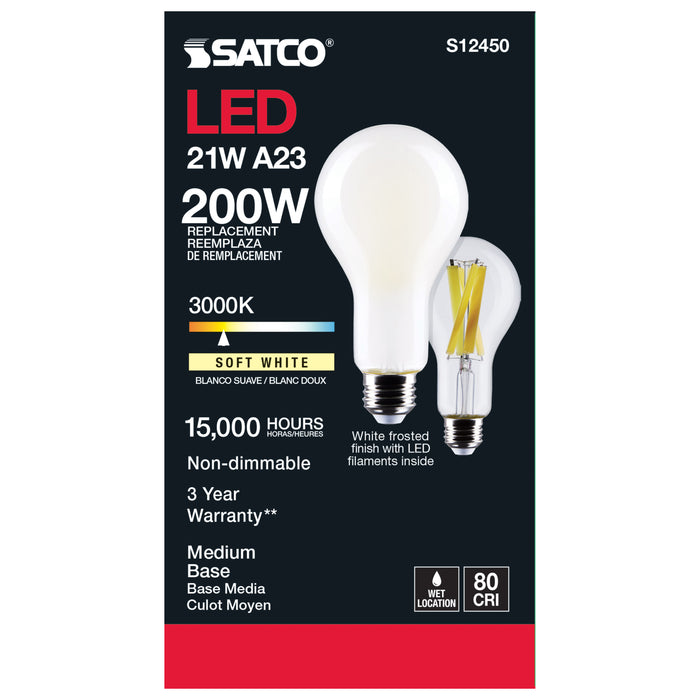 SATCO/NUVO 21W A23 LED Frost Finish Medium Base 3000K 120V (S12450)