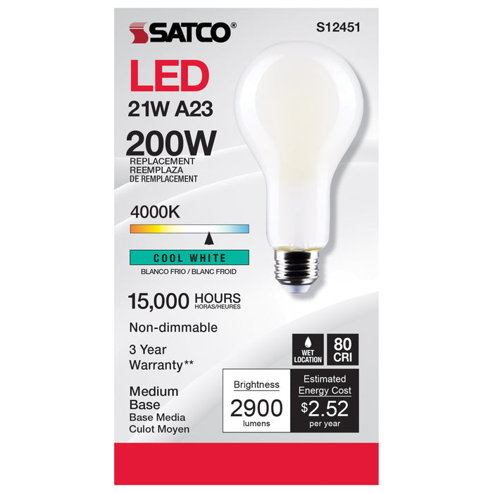 SATCO/NUVO 21W A23 LED Frost Finish Medium Base 4000K 120V (S12451)