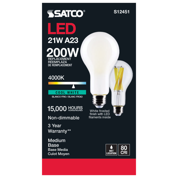 SATCO/NUVO 21W A23 LED Frost Finish Medium Base 4000K 120V (S12451)