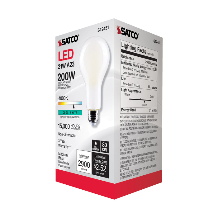 SATCO/NUVO 21W A23 LED Frost Finish Medium Base 4000K 120V (S12451)
