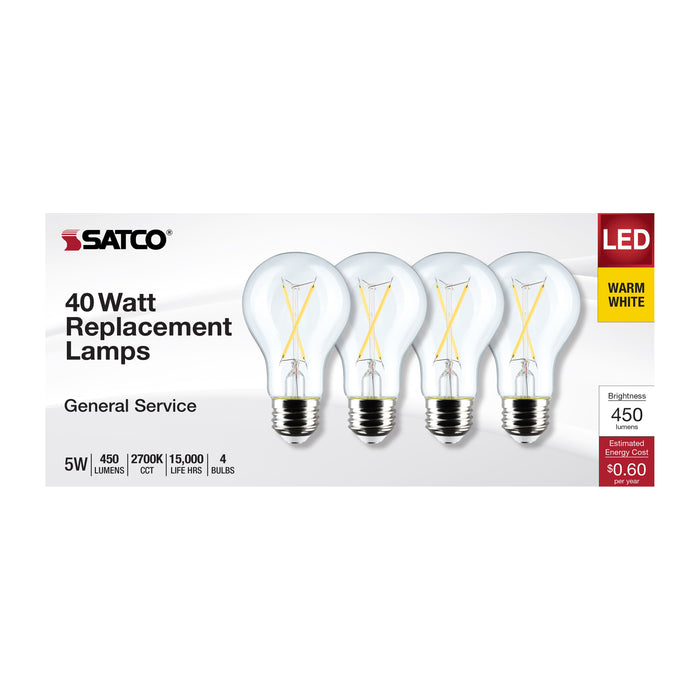 SATCO/NUVO 5W A19 LED Clear 2700K Medium E26 Base 120V 4-Pack (S12460)
