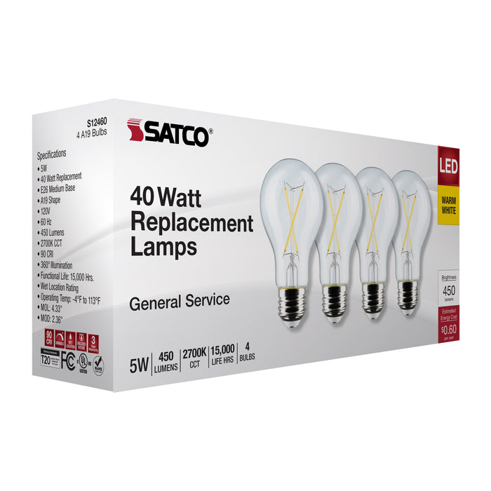 SATCO/NUVO 5W A19 LED Clear 2700K Medium E26 Base 120V 4-Pack (S12460)