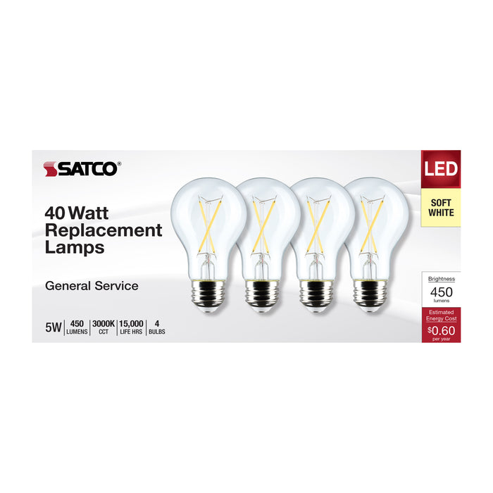 SATCO/NUVO 5W A19 LED Clear 3000K Medium Base 120V 4-Pack (S12461)