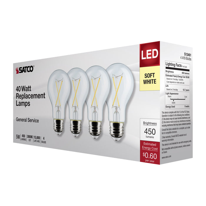 SATCO/NUVO 5W A19 LED Clear 3000K Medium Base 120V 4-Pack (S12461)