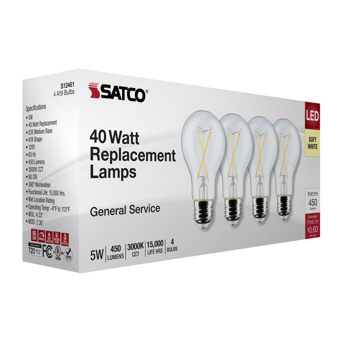 SATCO/NUVO 5W A19 LED Clear 3000K Medium Base 120V 4-Pack (S12461)