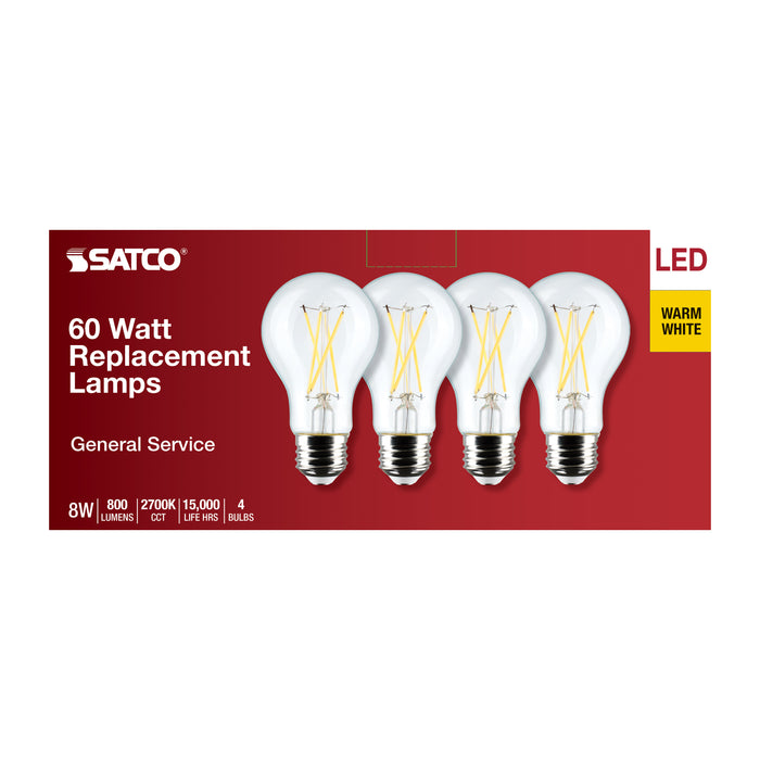 SATCO/NUVO 8W A19 LED Clear 2700K Medium Base 120V 4-Pack (S12462)