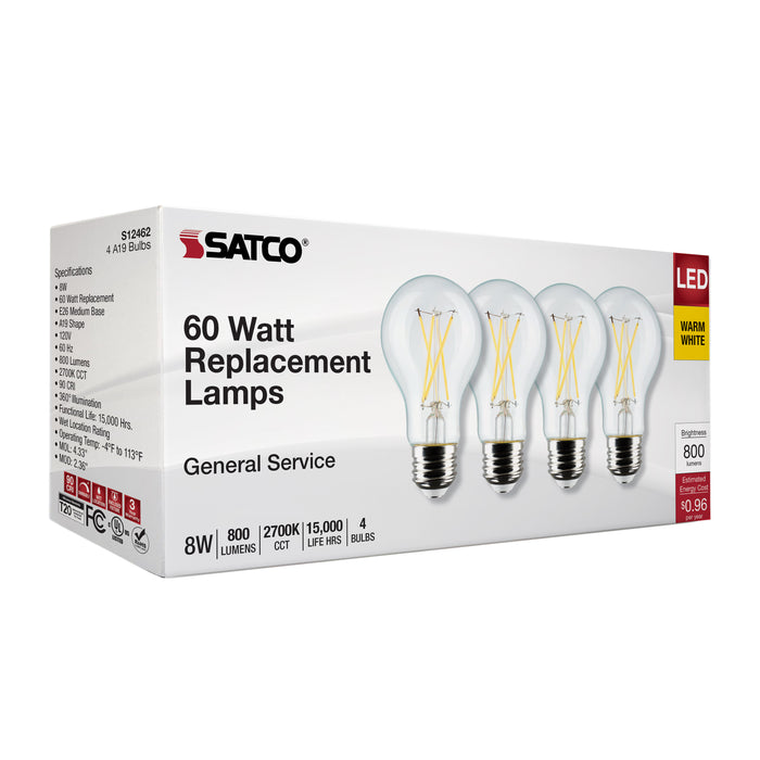 SATCO/NUVO 8W A19 LED Clear 2700K Medium Base 120V 4-Pack (S12462)