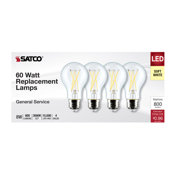 SATCO/NUVO 8W A19 LED Clear 3000K Medium Base 120V 4-Pack (S12463)