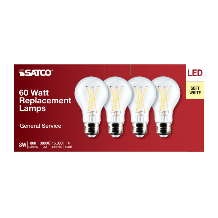 SATCO/NUVO 8W A19 LED Clear 3000K Medium Base 120V 4-Pack (S12463)