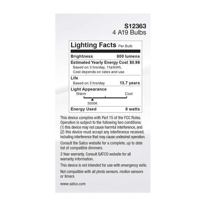 SATCO/NUVO 8W A19 LED Clear 3000K Medium Base 120V 4-Pack (S12463)