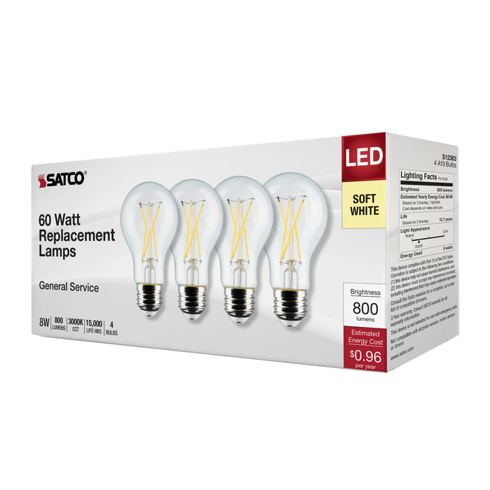 SATCO/NUVO 8W A19 LED Clear 3000K Medium Base 120V 4-Pack (S12463)
