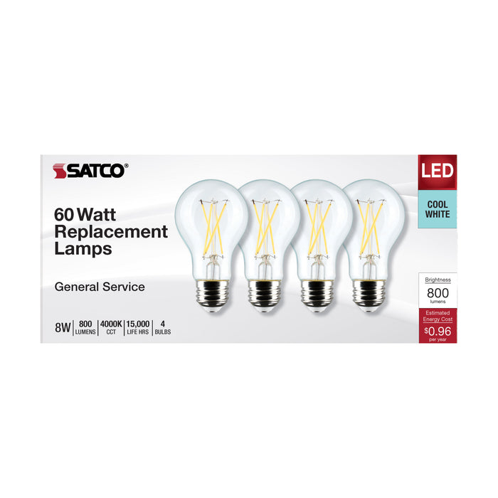 SATCO/NUVO 8W A19 LED Clear 4000K Medium Base 120V 4-Pack (S12464)