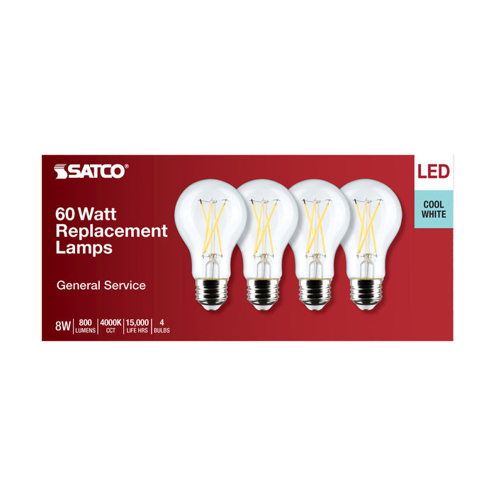 SATCO/NUVO 8W A19 LED Clear 4000K Medium Base 120V 4-Pack (S12464)