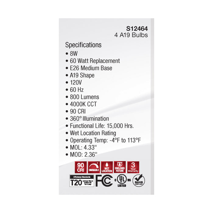 SATCO/NUVO 8W A19 LED Clear 4000K Medium Base 120V 4-Pack (S12464)