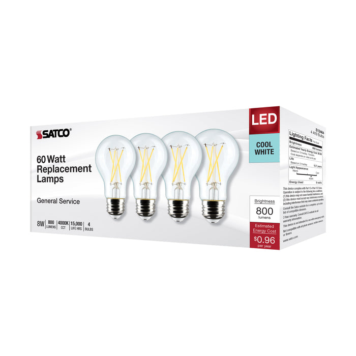 SATCO/NUVO 8W A19 LED Clear 4000K Medium Base 120V 4-Pack (S12464)