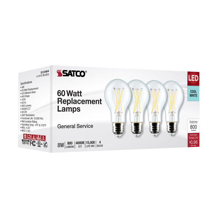 SATCO/NUVO 8W A19 LED Clear 4000K Medium Base 120V 4-Pack (S12464)