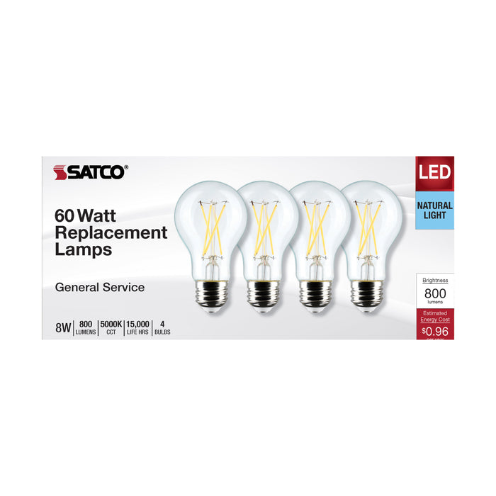 SATCO/NUVO 8W A19 LED Clear 5000K Medium Base 120V 4-Pack (S12465)