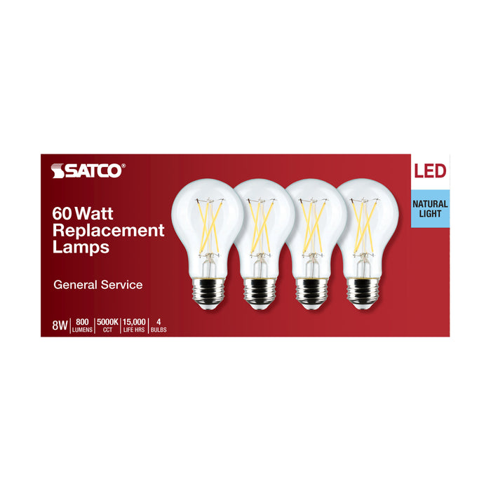 SATCO/NUVO 8W A19 LED Clear 5000K Medium Base 120V 4-Pack (S12465)