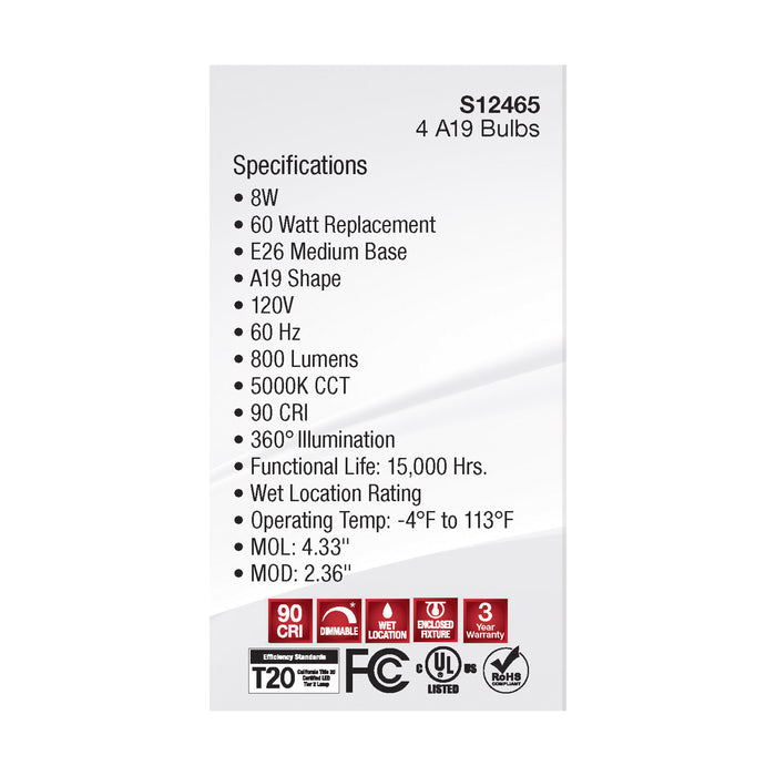 SATCO/NUVO 8W A19 LED Clear 5000K Medium Base 120V 4-Pack (S12465)