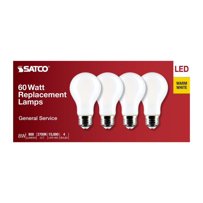 SATCO/NUVO 8W A19 LED Warm White 2700K Medium Base 120V 4-Pack (S12466)
