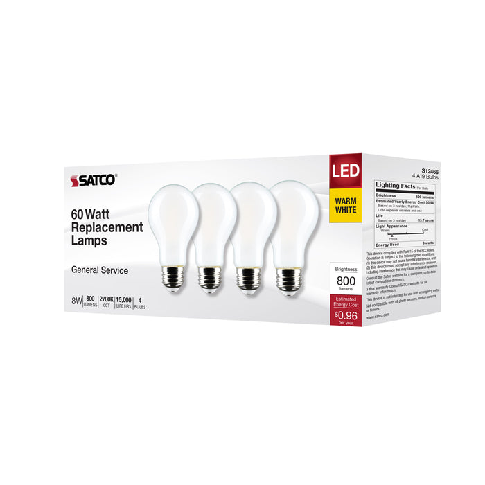 SATCO/NUVO 8W A19 LED Warm White 2700K Medium Base 120V 4-Pack (S12466)