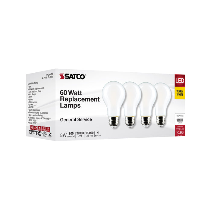 SATCO/NUVO 8W A19 LED Warm White 2700K Medium Base 120V 4-Pack (S12466)