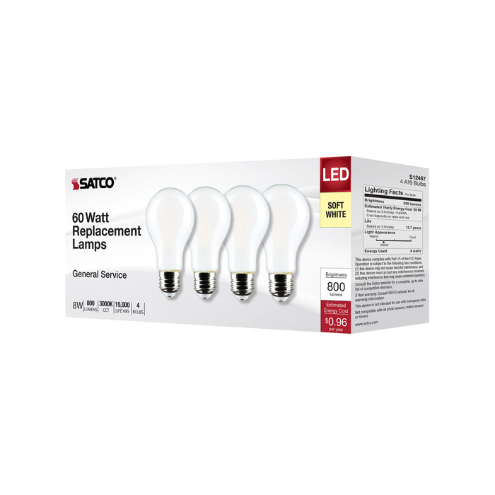 SATCO/NUVO 8W A19 LED Soft White 3000K Medium Base 120V 4-Pack (S12467)