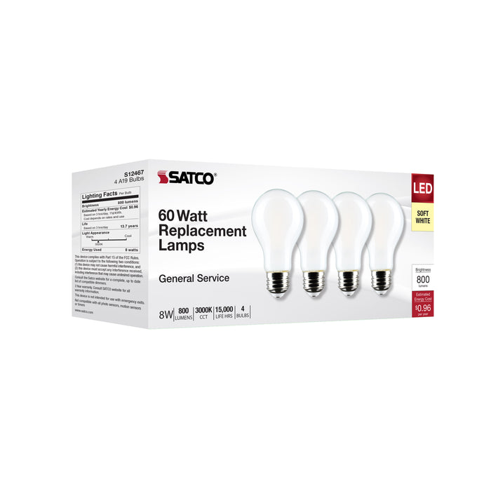 SATCO/NUVO 8W A19 LED Soft White 3000K Medium Base 120V 4-Pack (S12467)