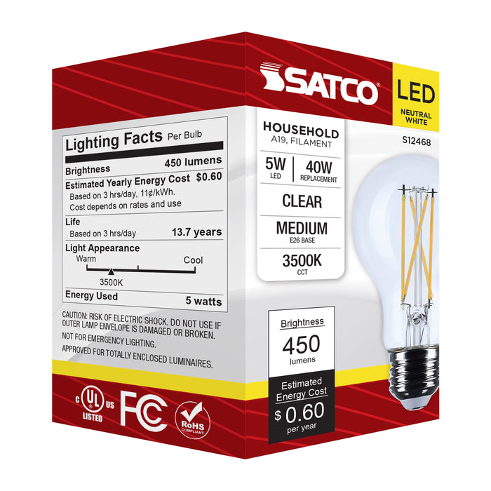 SATCO/NUVO 5W A19 LED Medium E26 Base Clear 3500K 120V (S12468)