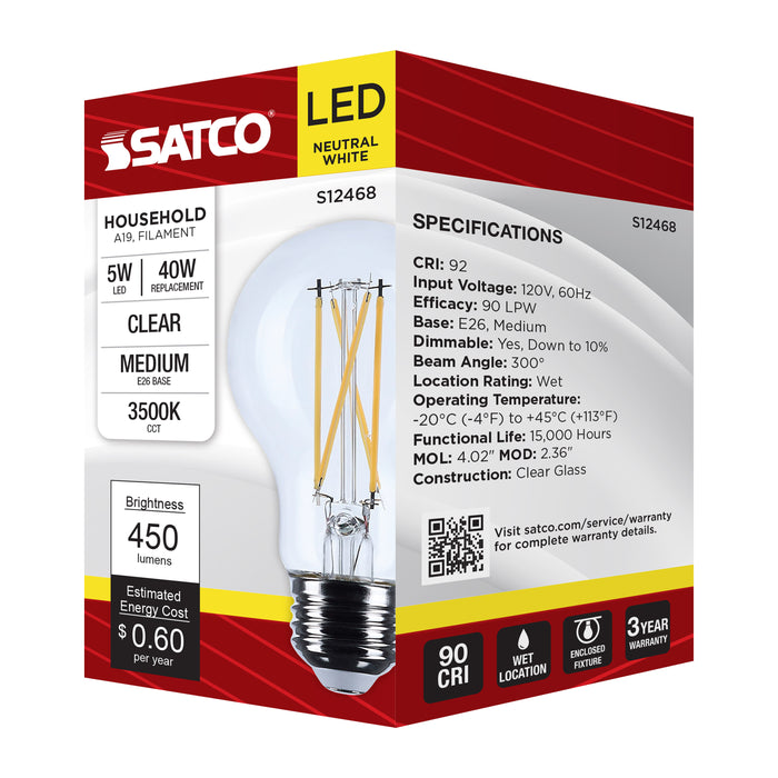 SATCO/NUVO 5W A19 LED Medium E26 Base Clear 3500K 120V (S12468)