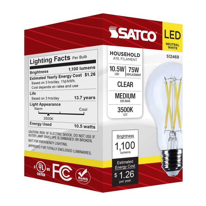 SATCO/NUVO 10.5W A19 LED Medium E26 Base Clear 3500K 120V (S12469)