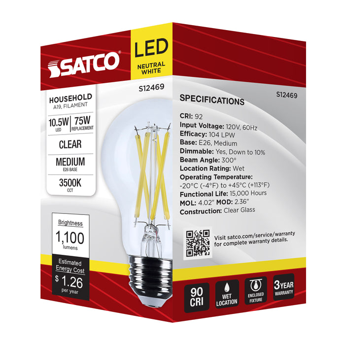 SATCO/NUVO 10.5W A19 LED Medium E26 Base Clear 3500K 120V (S12469)