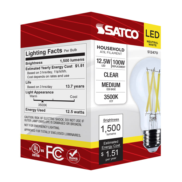 SATCO/NUVO 12.5W A19 LED Medium E26 Base Clear 3500K 120V (S12470)