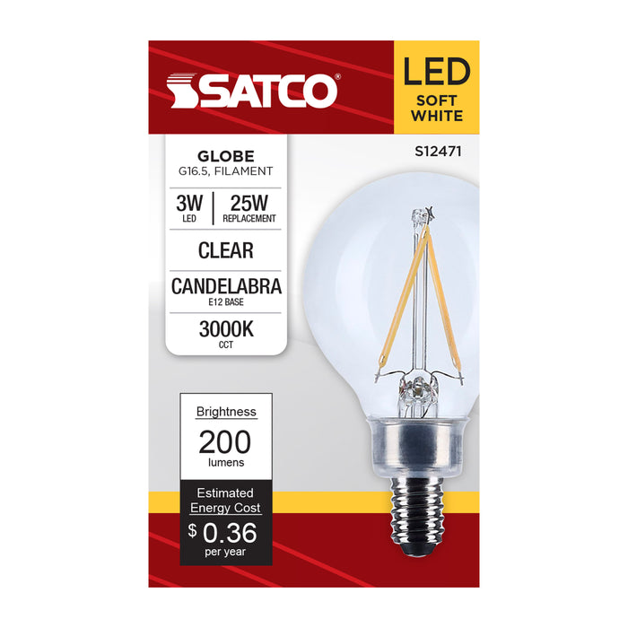 SATCO/NUVO 3W G16.5 LED Candelabra E12 Base Clear 3000K 120V (S12471)