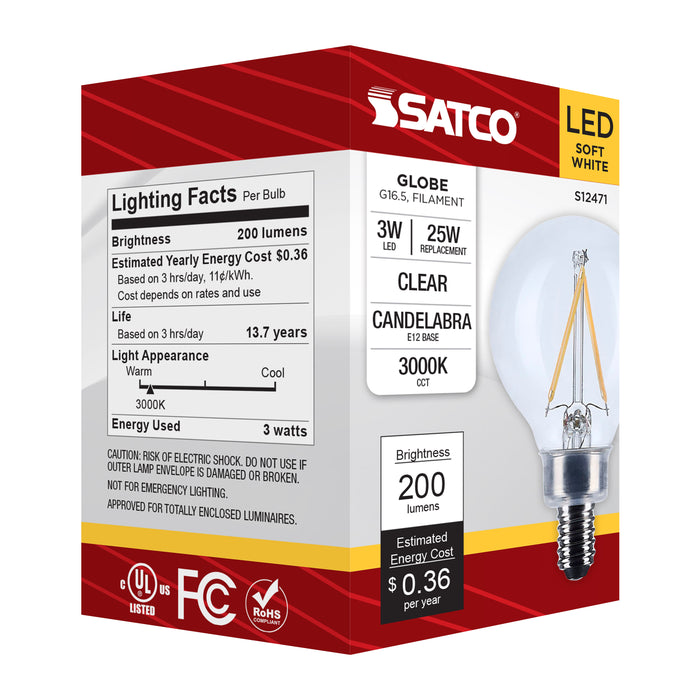 SATCO/NUVO 3W G16.5 LED Candelabra E12 Base Clear 3000K 120V (S12471)