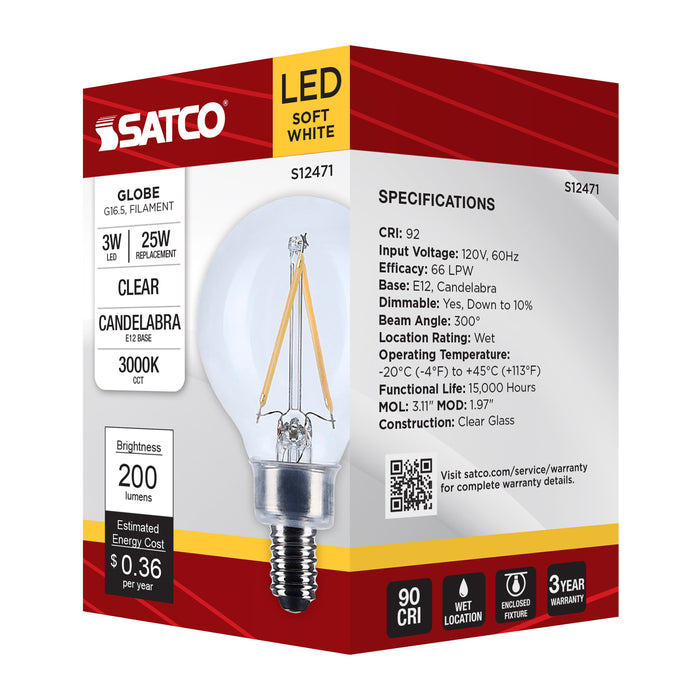 SATCO/NUVO 3W G16.5 LED Candelabra E12 Base Clear 3000K 120V (S12471)