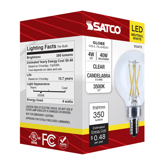 SATCO/NUVO 4W G16.5 LED Candelabra E12 Base Clear 3500K 120V (S12472)