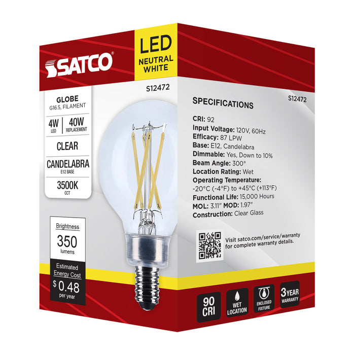 SATCO/NUVO 4W G16.5 LED Candelabra E12 Base Clear 3500K 120V (S12472)