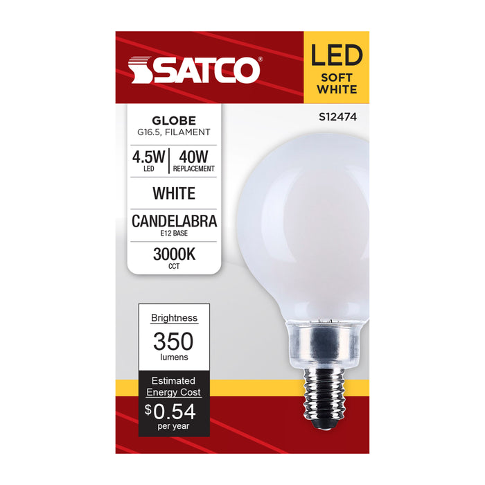 SATCO/NUVO 4.5W G16.5 LED Candelabra E12 Base White Finish 3000K 120V (S12474)