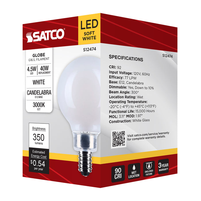 SATCO/NUVO 4.5W G16.5 LED Candelabra E12 Base White Finish 3000K 120V (S12474)