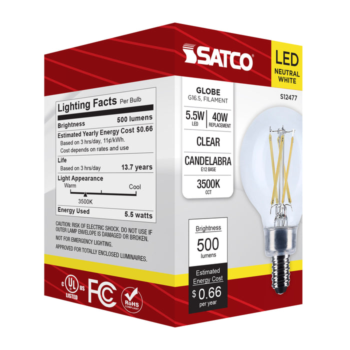SATCO/NUVO 5.5W G16.5 LED Candelabra E12 Base Clear 3500K 120V (S12477)