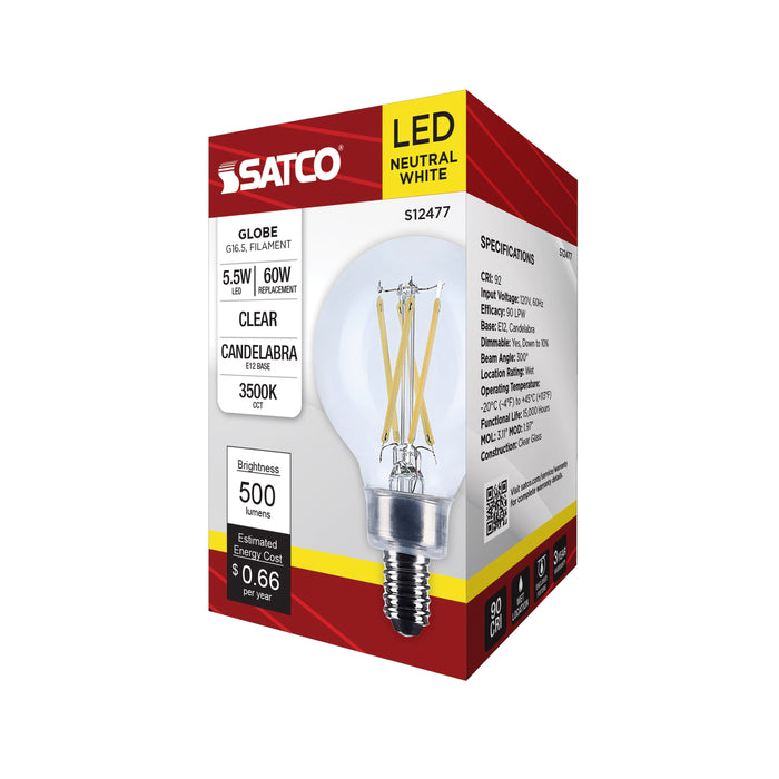 SATCO/NUVO 5.5W G16.5 LED Candelabra E12 Base Clear 3500K 120V (S12477)