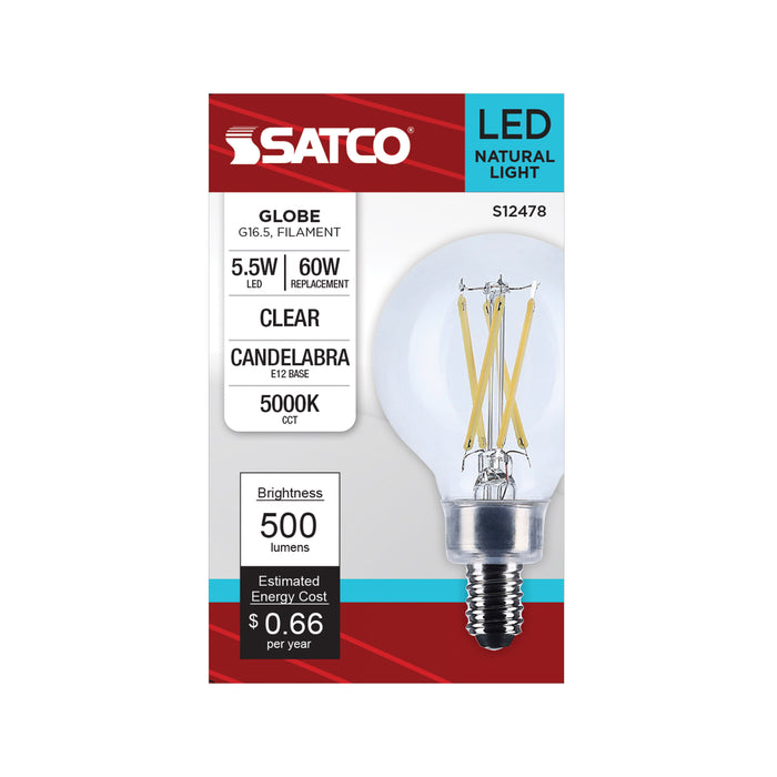 SATCO/NUVO 5.5W G16.5 LED Candelabra E12 Base Clear 5000K 120V (S12478)